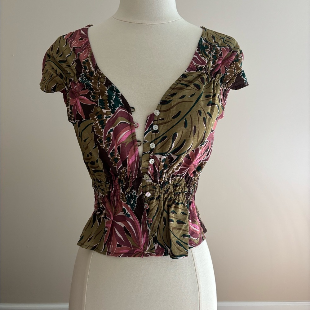 Madewell Olive and Pink Leaf Print Blouse NWT